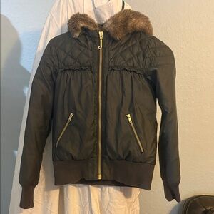 Juicy Couture Black Puffer with Brown Hood and Gold Details